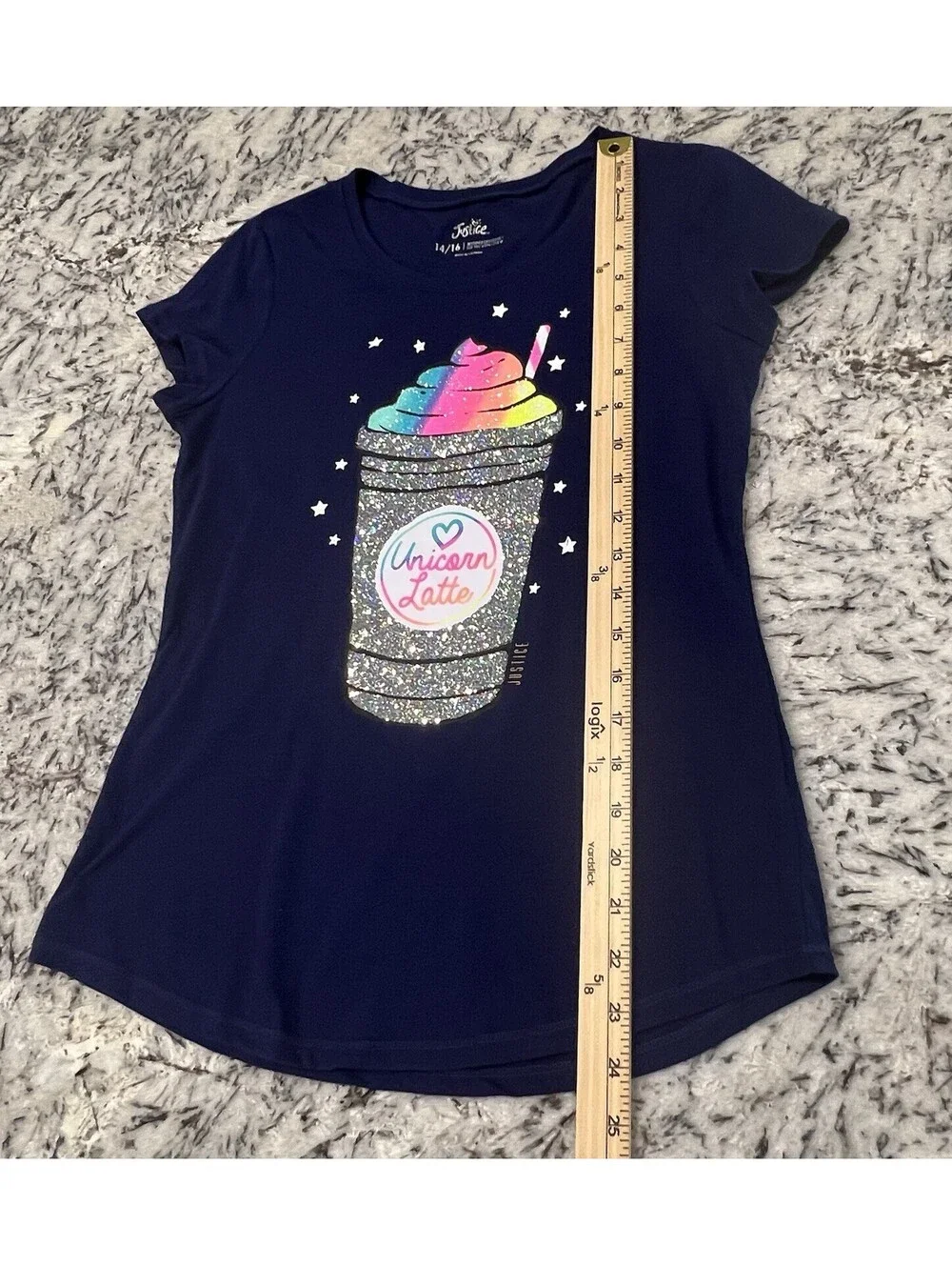 Justice Girls Size 14/16 Navy Sparkly “Unicorn Latte” T-Shirt